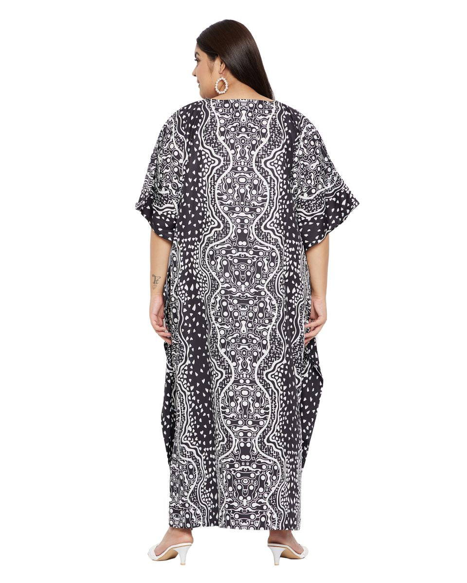 Abstract Printed Black And Gray Polyester Plus Size Kaftan For Women