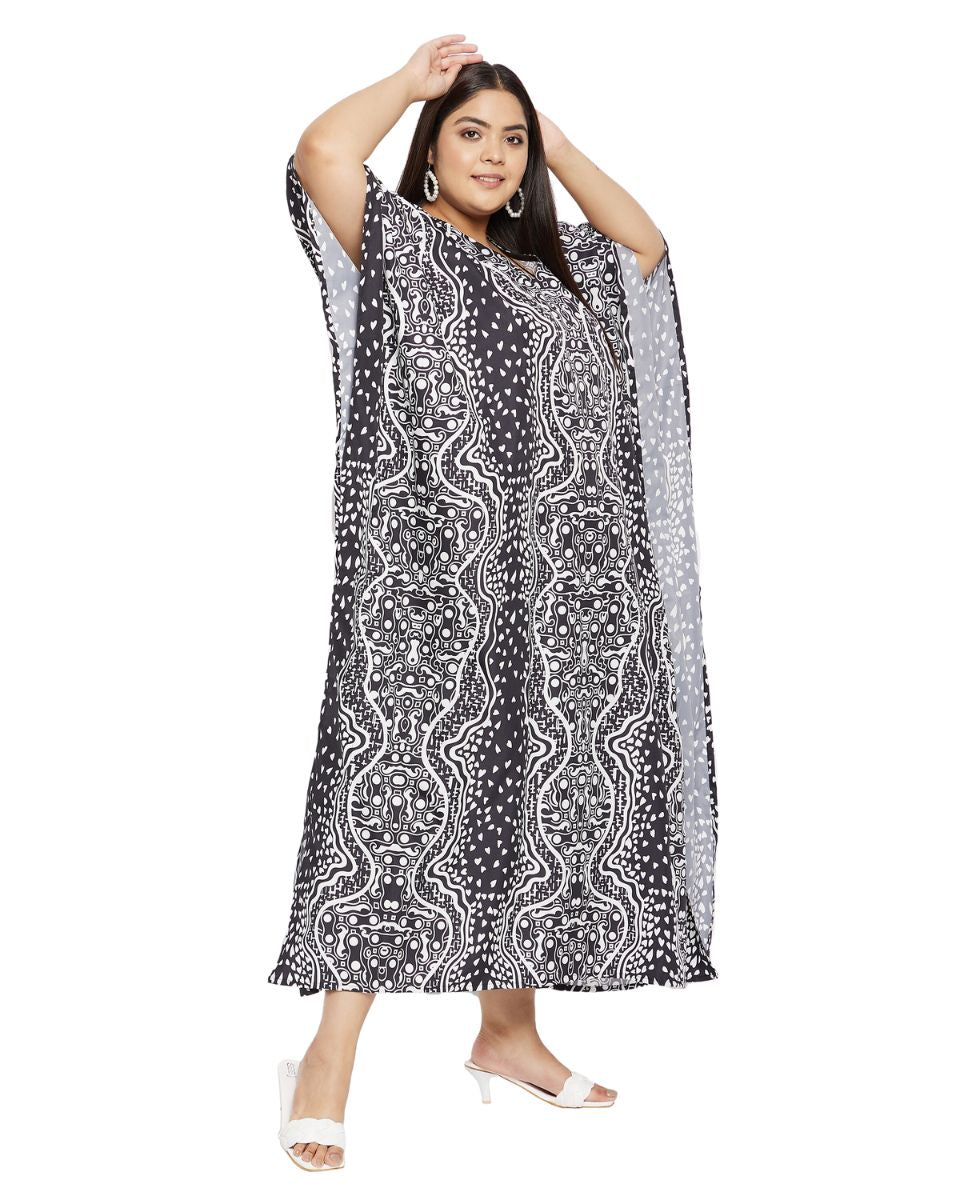 Abstract Printed Black And Gray Polyester Plus Size Kaftan For Women