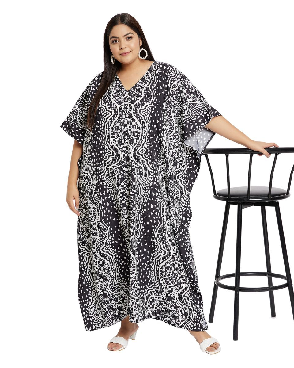 Abstract Printed Black And Gray Polyester Plus Size Kaftan For Women