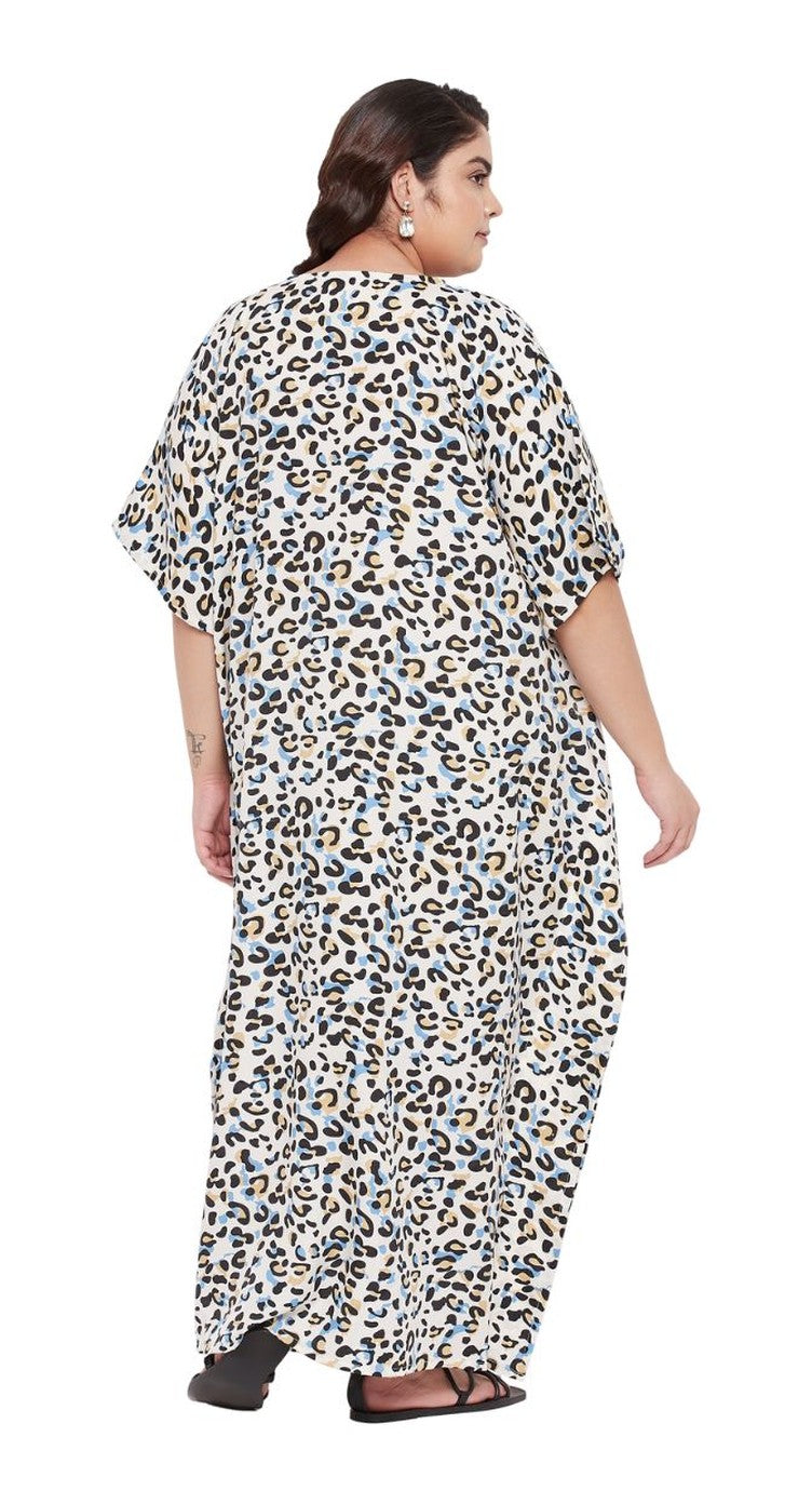 Ivory plus size kaftan with all-over leopard spot print and V-neck — alternate view