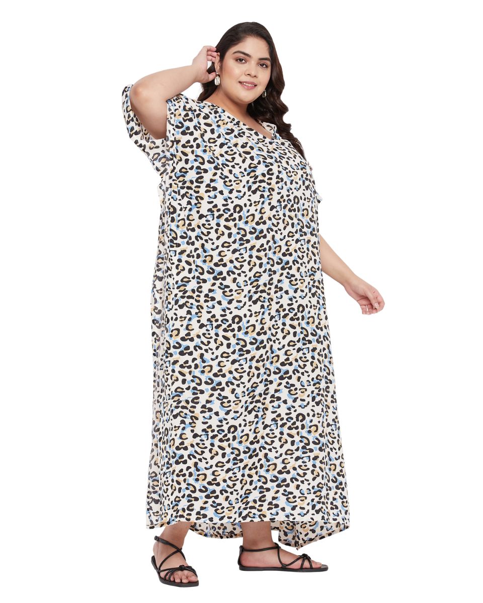 Animal Printed Black And white Polyester Kaftan Dress For plus size Women