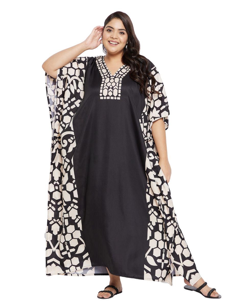 Printed Geometric Black Plus Size Polyester Kaftan Dress For Women