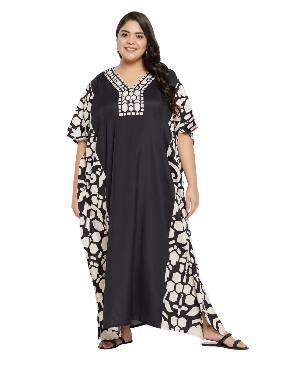 Printed Geometric Black Plus Size Polyester Kaftan Dress For Women