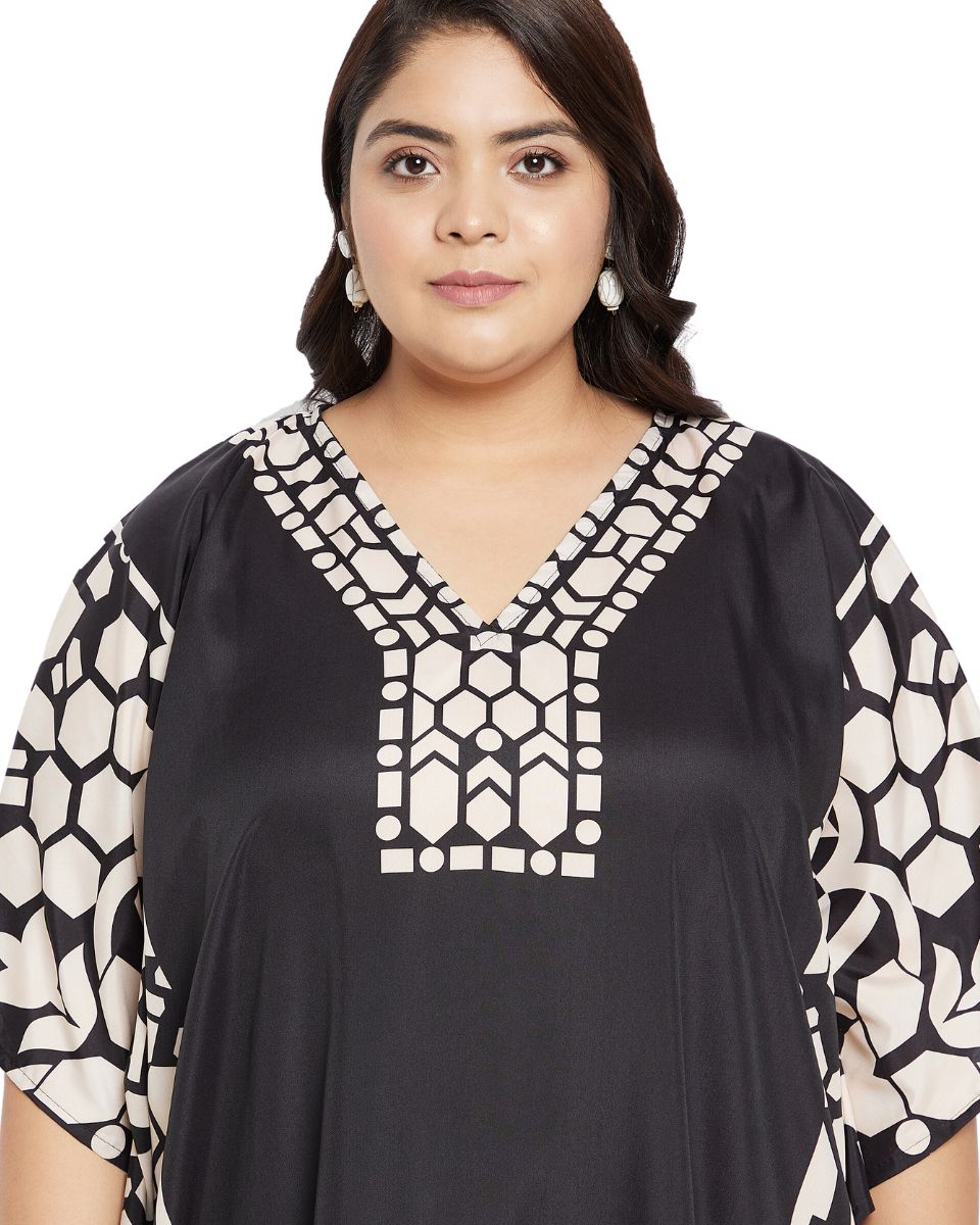 Printed Geometric Black Plus Size Polyester Kaftan Dress For Women