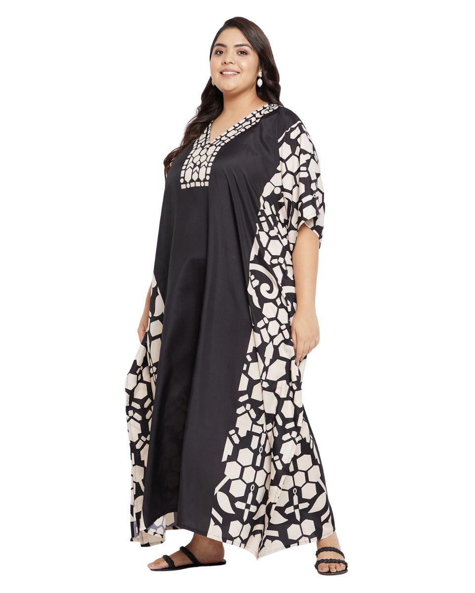 Printed Geometric Black Plus Size Polyester Kaftan Dress For Women