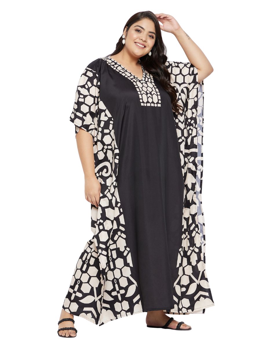 Printed Geometric Black Plus Size Polyester Kaftan Dress For Women