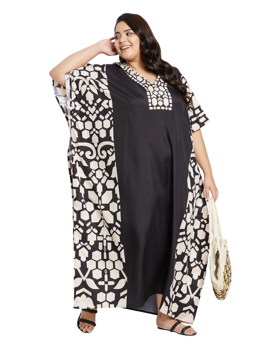 Printed Geometric Black Plus Size Polyester Kaftan Dress For Women