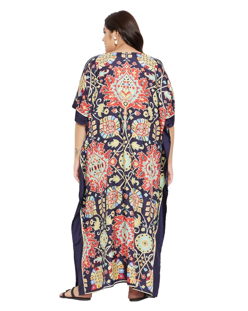 Floral Printed Navy Blue Polyester Plus Size Kaftan Dress For Women