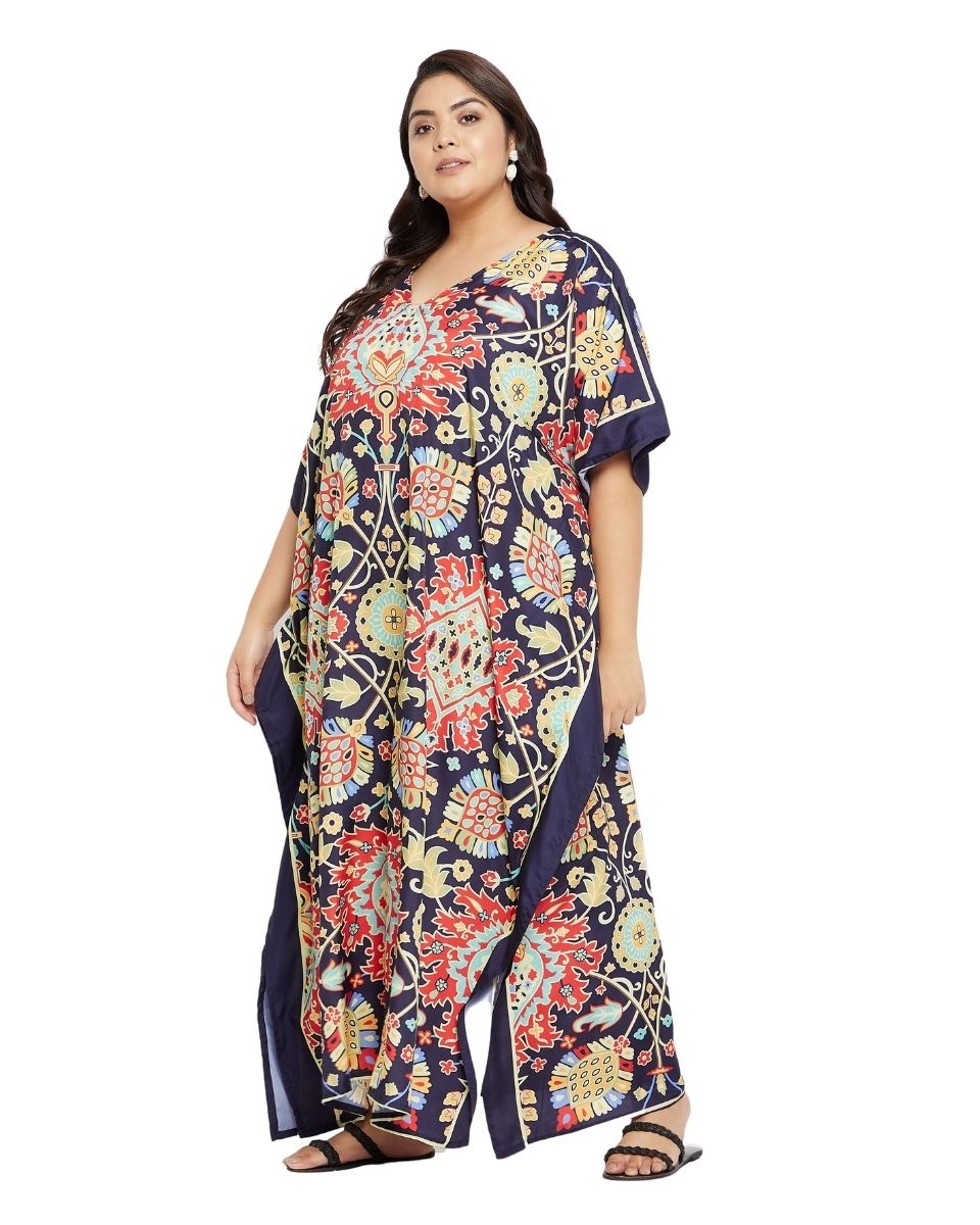 Floral Printed Navy Blue Polyester Plus Size Kaftan Dress For Women