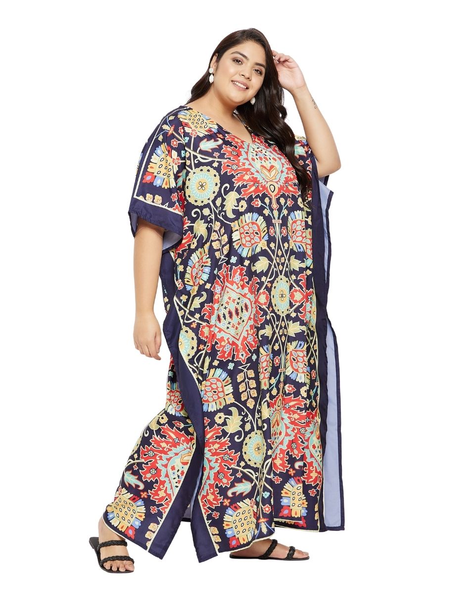 Floral Printed Navy Blue Polyester Plus Size Kaftan Dress For Women