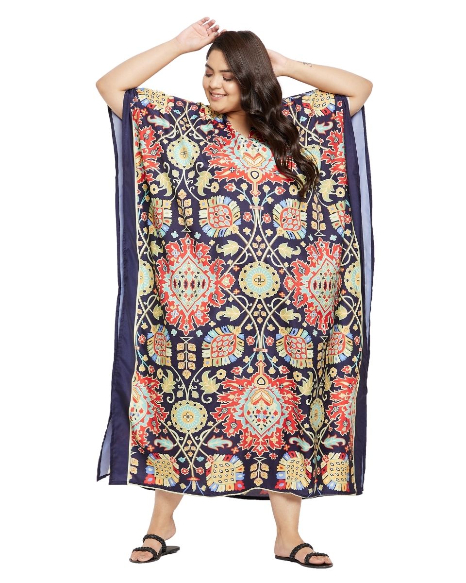 Floral Printed Navy Blue Polyester Plus Size Kaftan Dress For Women