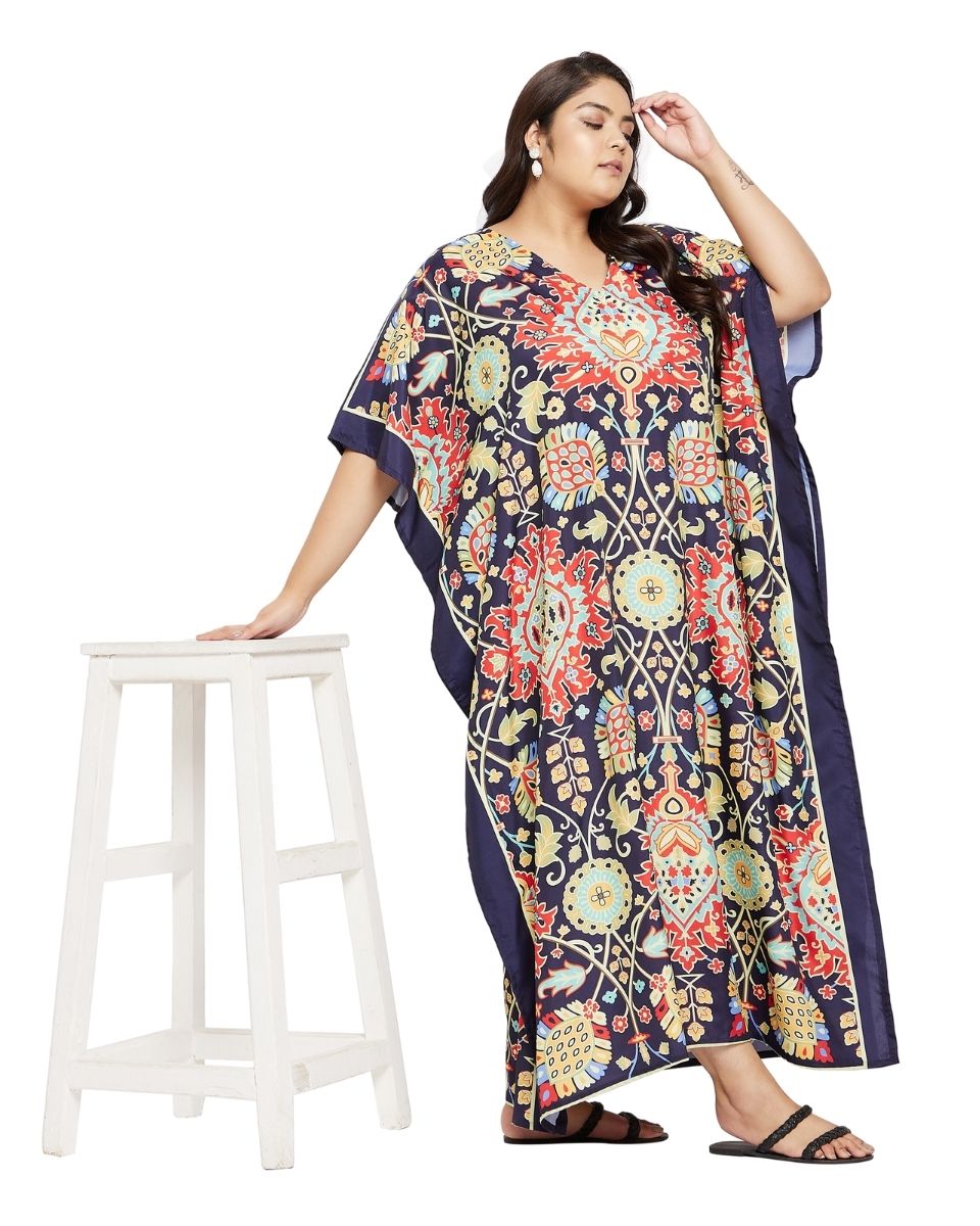 Floral Printed Navy Blue Polyester Plus Size Kaftan Dress For Women