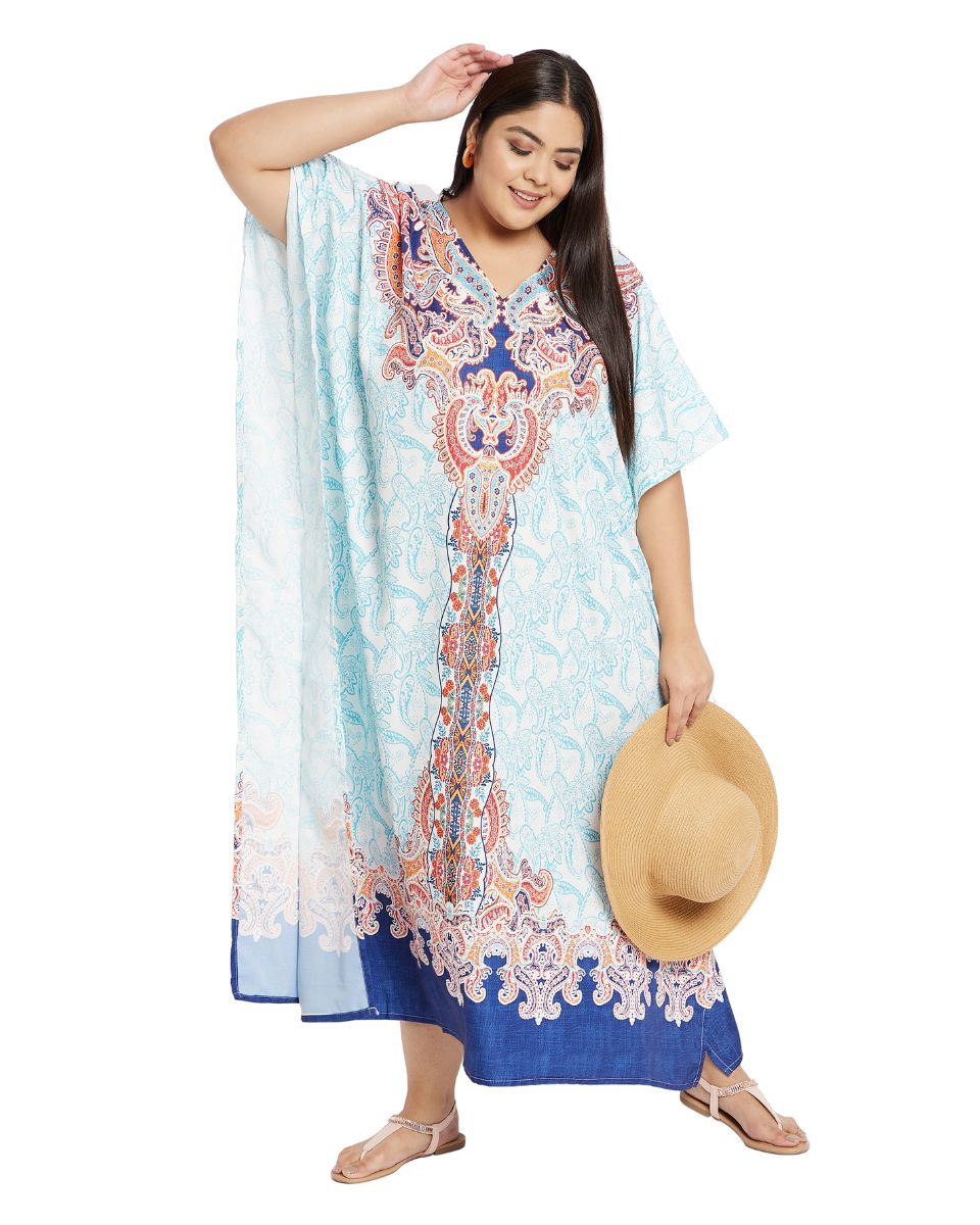 Floral Printed Turquoise Plus Size Polyester Kaftan Dress For Women