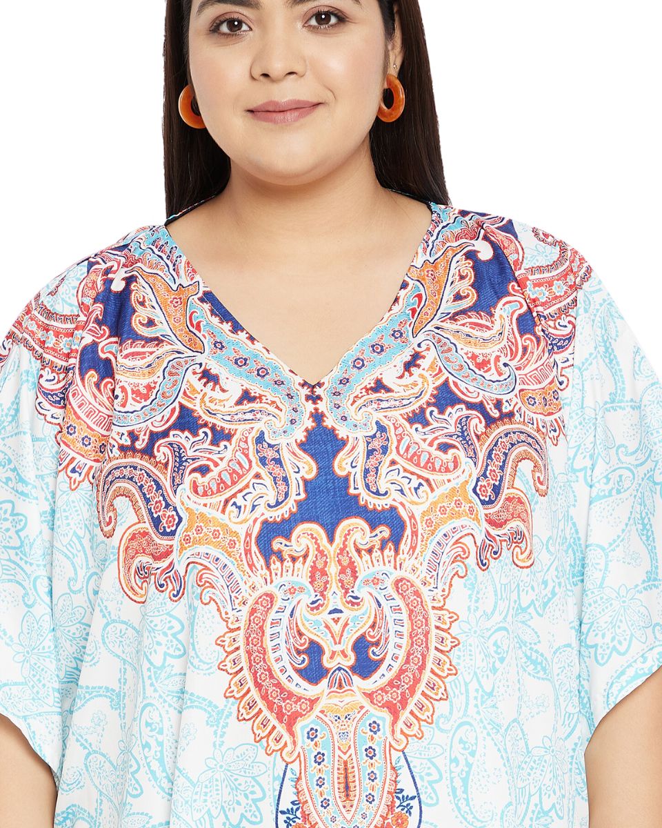 Floral Printed Turquoise Polyester Kaftan Dress for Women