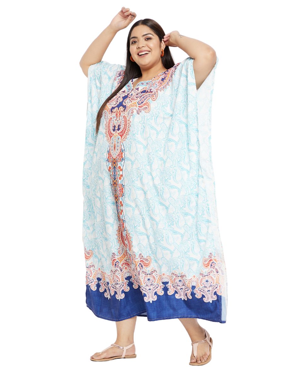 Floral Printed Turquoise Plus Size Polyester Kaftan Dress For Women