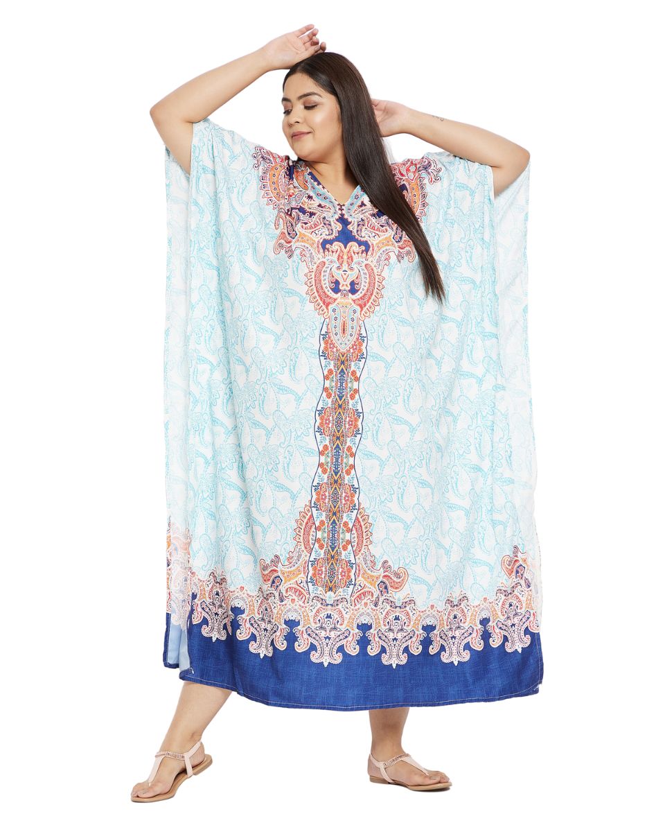 Floral Printed Turquoise Plus Size Polyester Kaftan Dress For Women