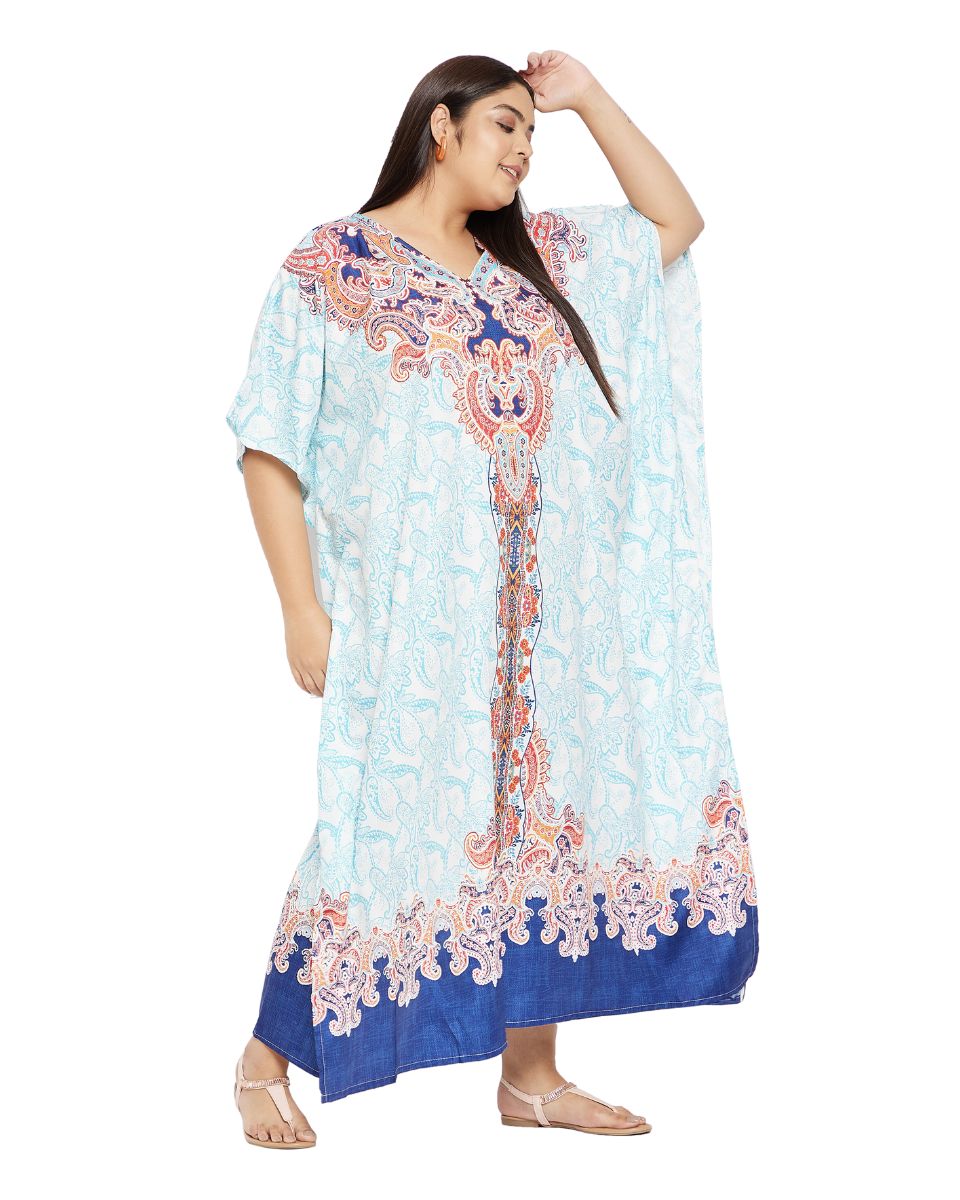 Floral Printed Turquoise Plus Size Polyester Kaftan Dress For Women