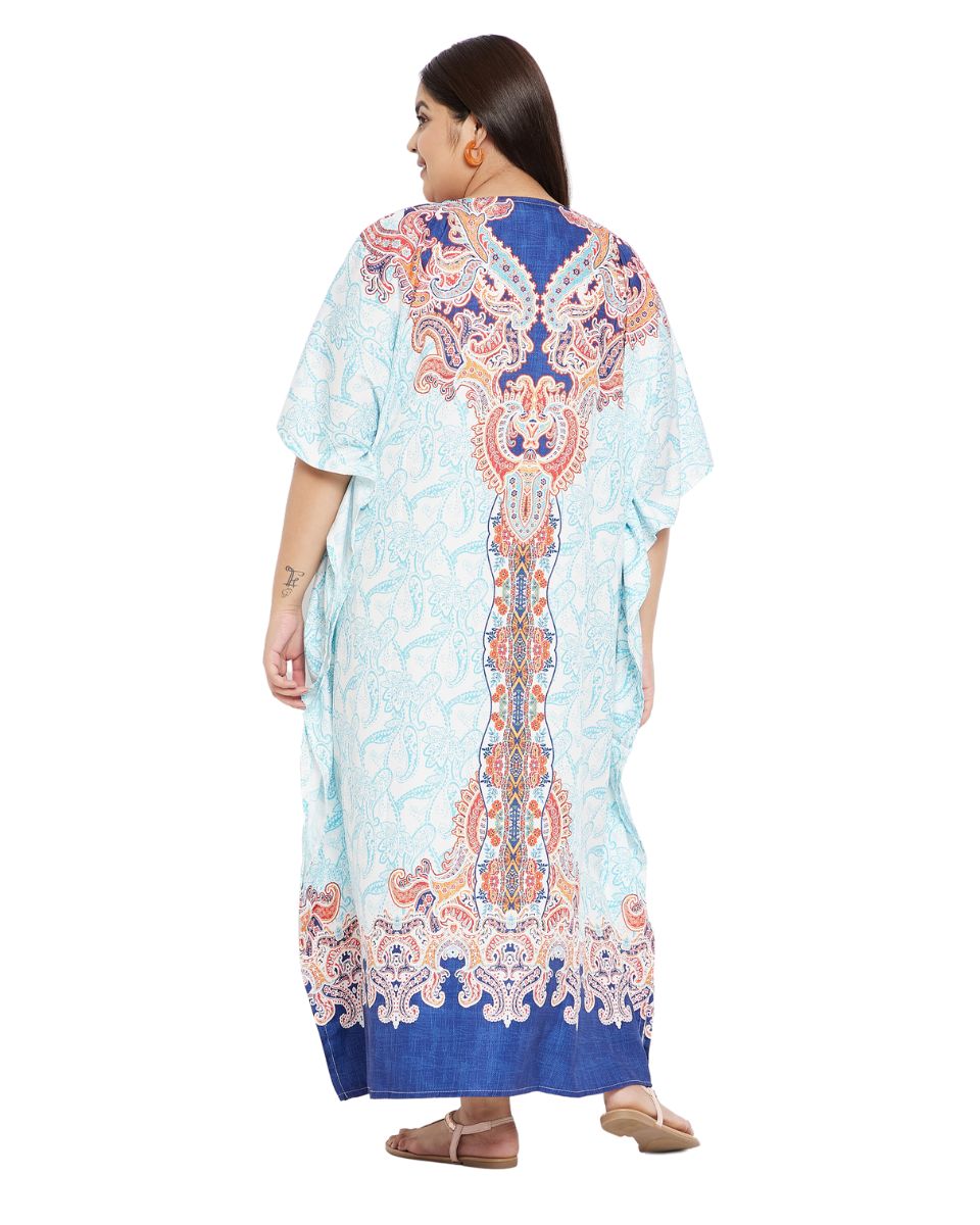 Floral Printed Turquoise Plus Size Polyester Kaftan Dress For Women