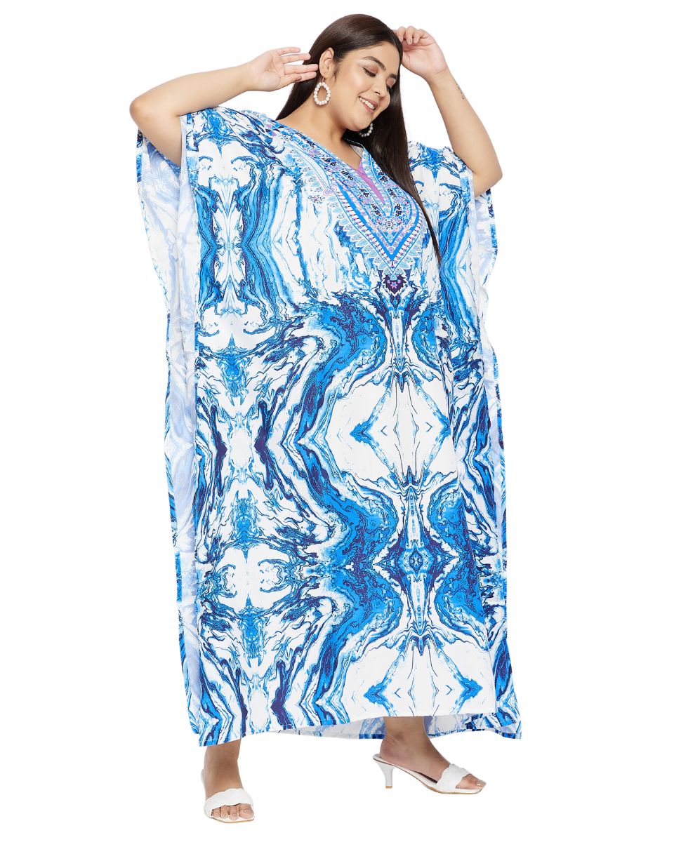 Blue and white Abstract Printed plus size mandala design V-neck Polyester Kaftan for Women