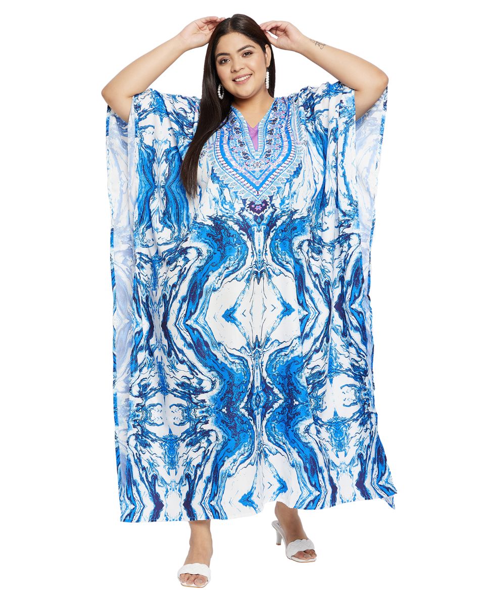 Blue and white Abstract Printed plus size mandala design V-neck Polyester Kaftan for Women