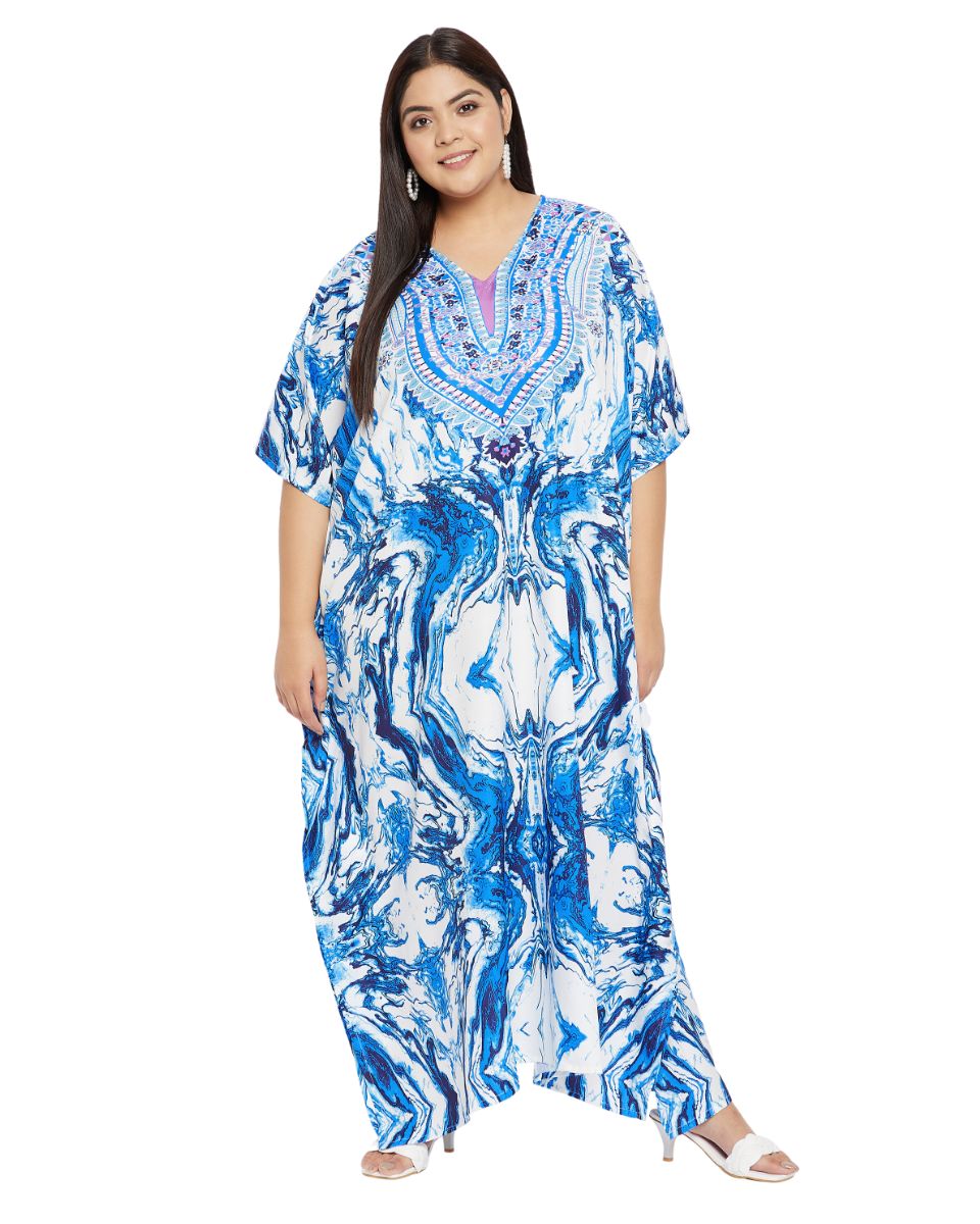 Abstract Printeded Blue Polyester Kaftan Dress for Women