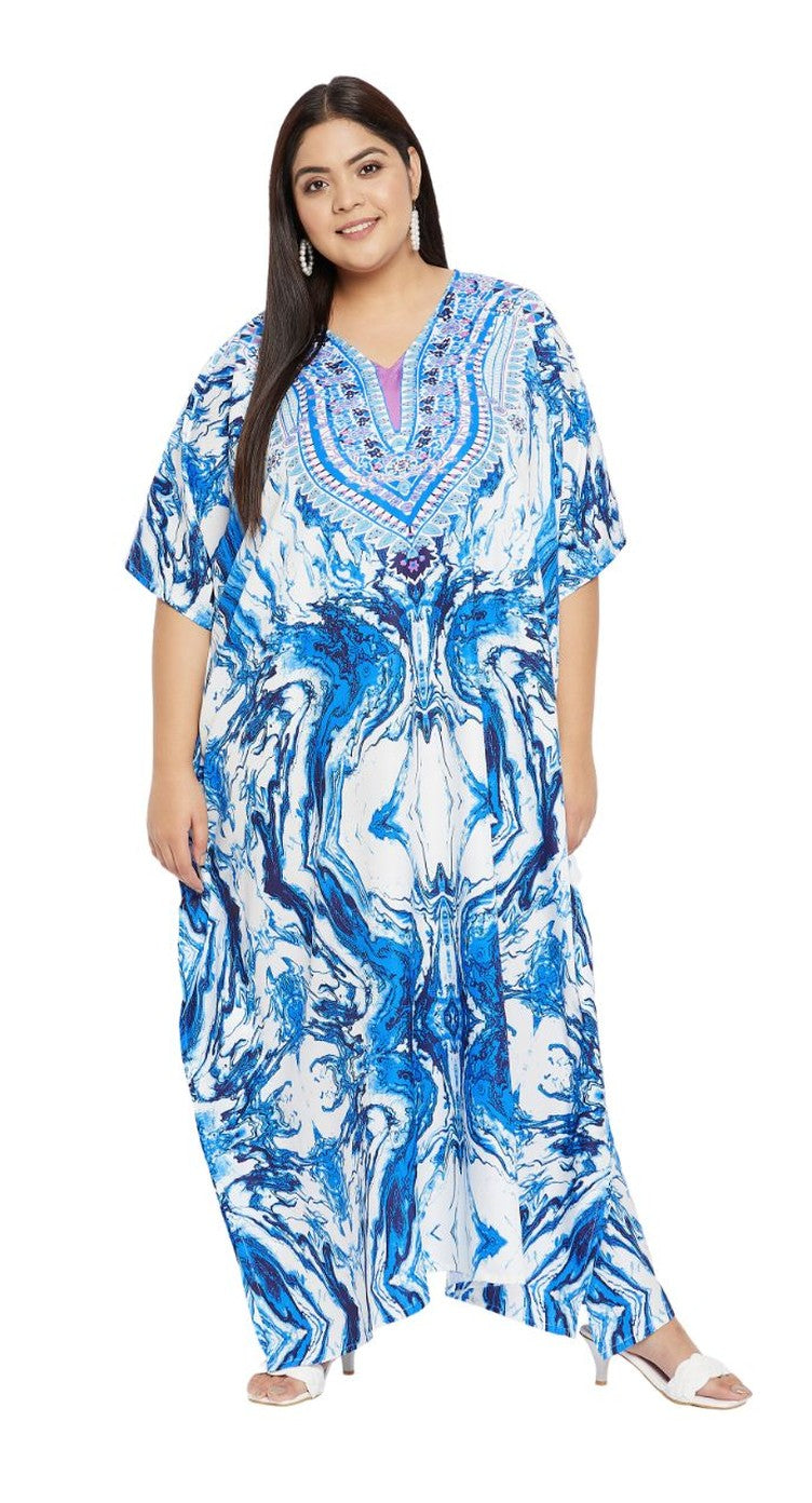 Blue and white marble swirl print polyester plus size kaftan with V-neck