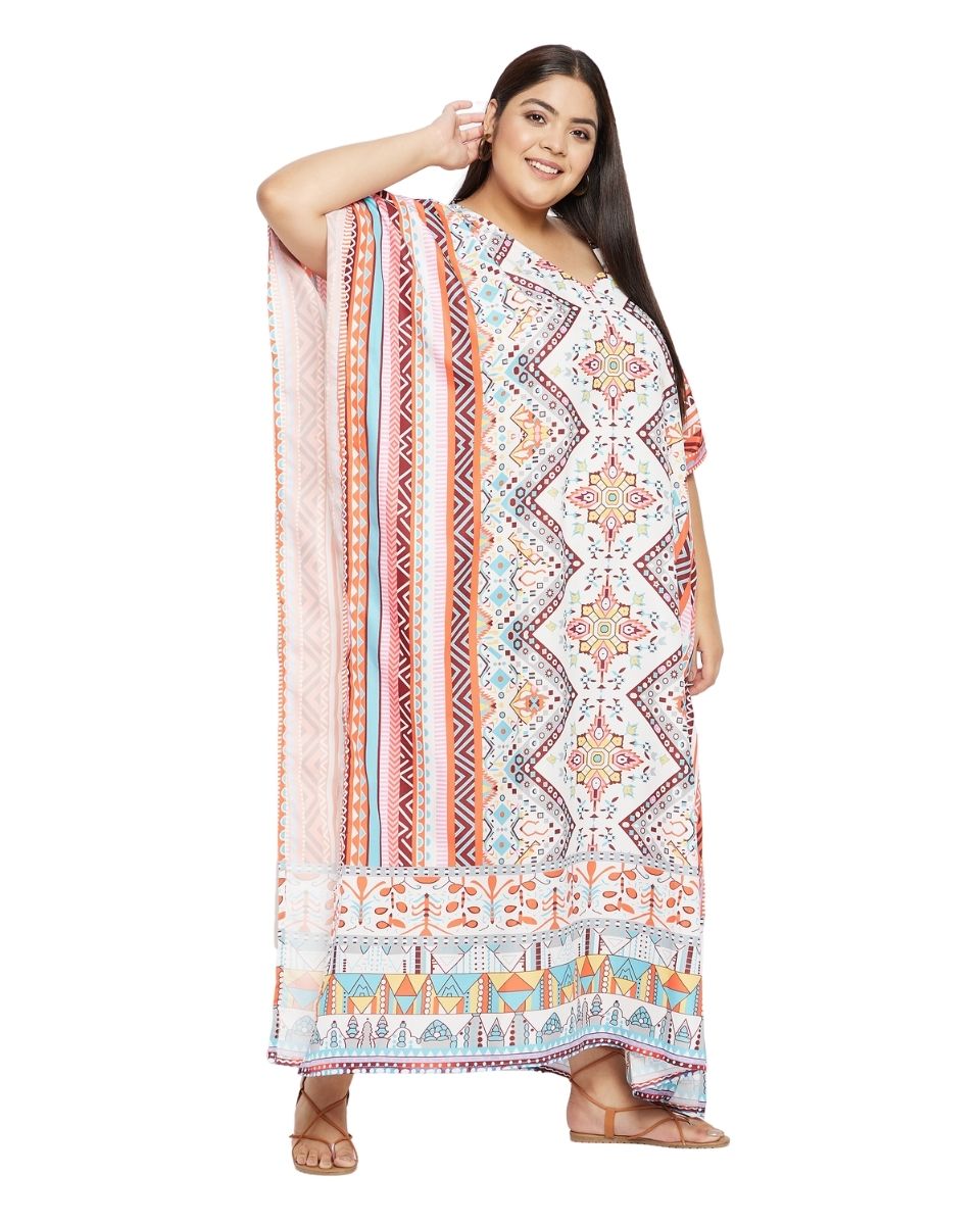 Geometric Printed Multicolor Polyester Plus Size Kaftan For Women