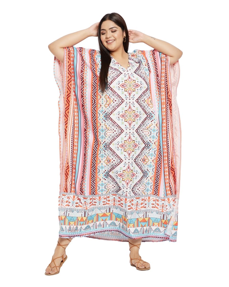 Geometric Printed Multicolor Polyester Kaftan Dress for Women