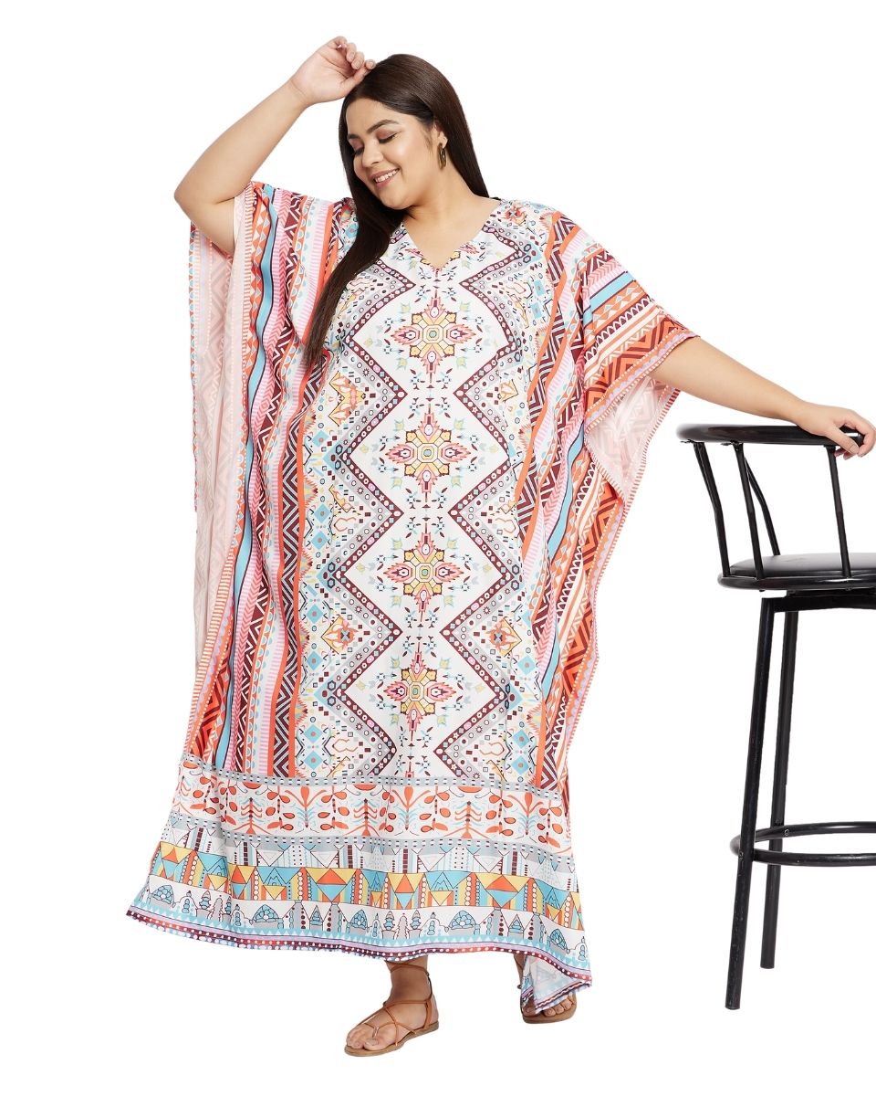 Geometric Printed Multicolor Polyester Kaftan Dress for Women