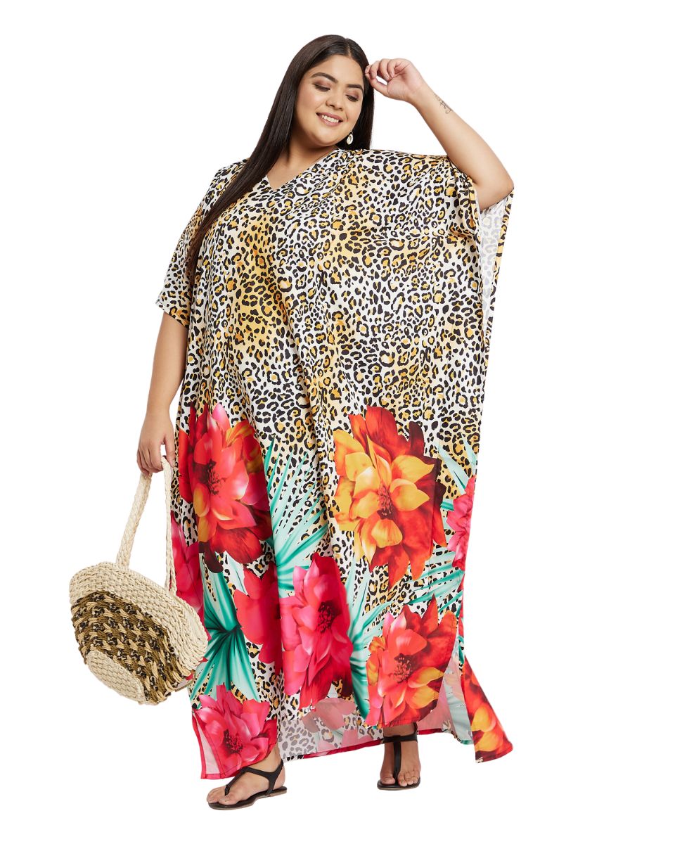 Floral Printed Yellow Polyester Kaftan Plus Size Dress For Women