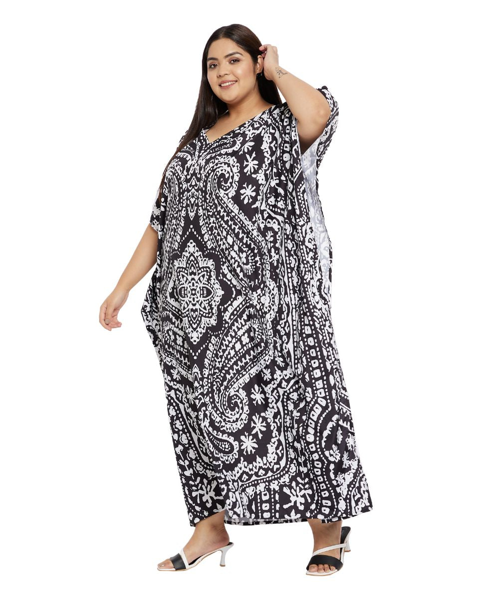 Paisley Printed Black Polyester Plus Size Kaftan Dress For Women