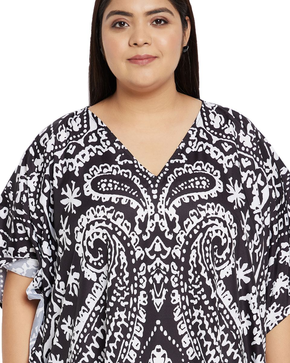 Paisley Printed Black Polyester Plus Size Kaftan Dress For Women