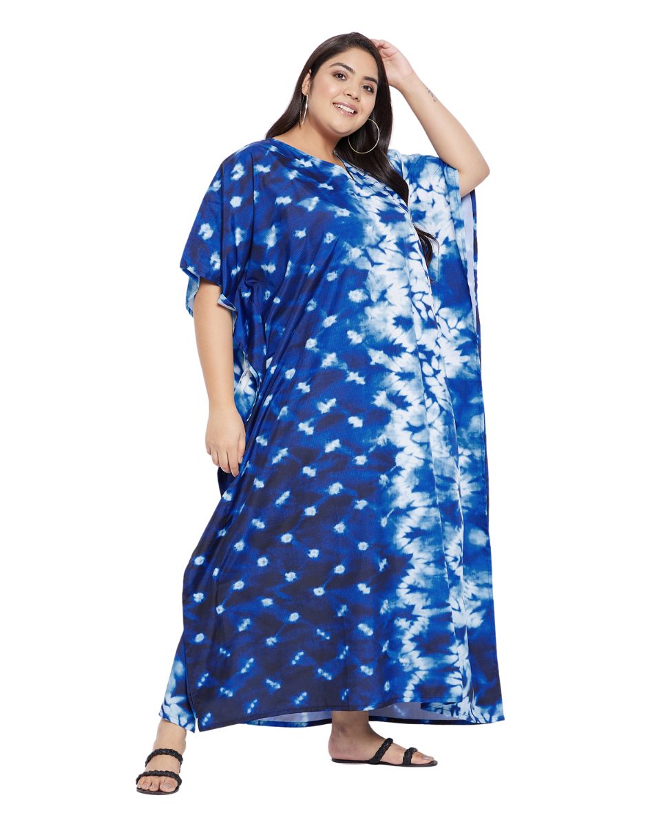 Blue Tie Dye Printed Polyester Plus Size Kaftan Dress For Women