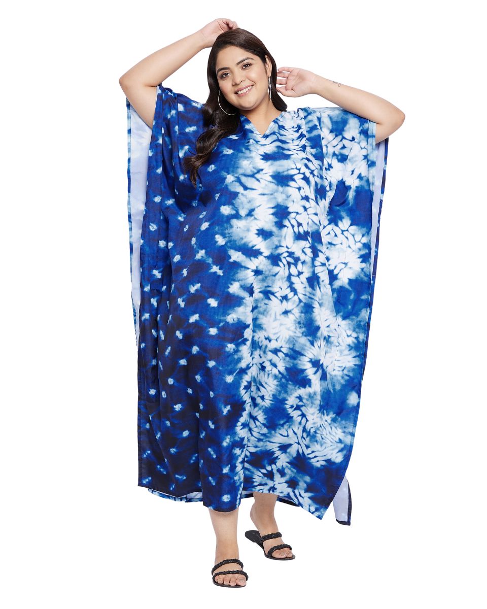 Blue Tie Dye Printed Polyester Plus Size Kaftan Dress For Women