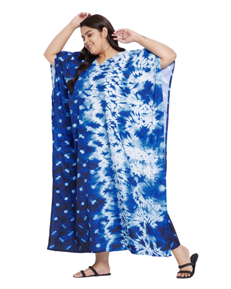 Blue Tie Dye Printed Polyester Plus Size Kaftan Dress For Women