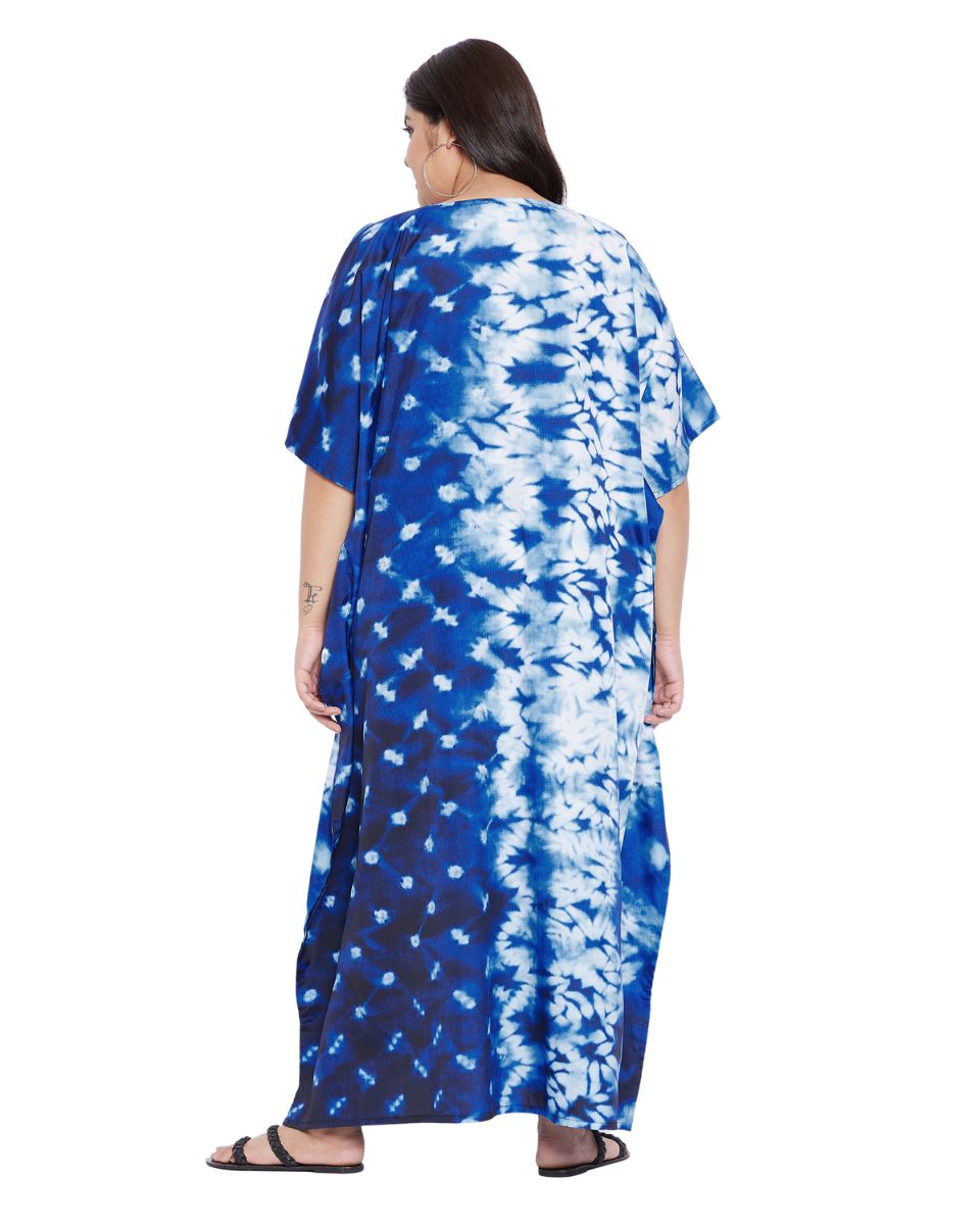 Blue Tie Dye Printed Polyester Plus Size Kaftan Dress For Women