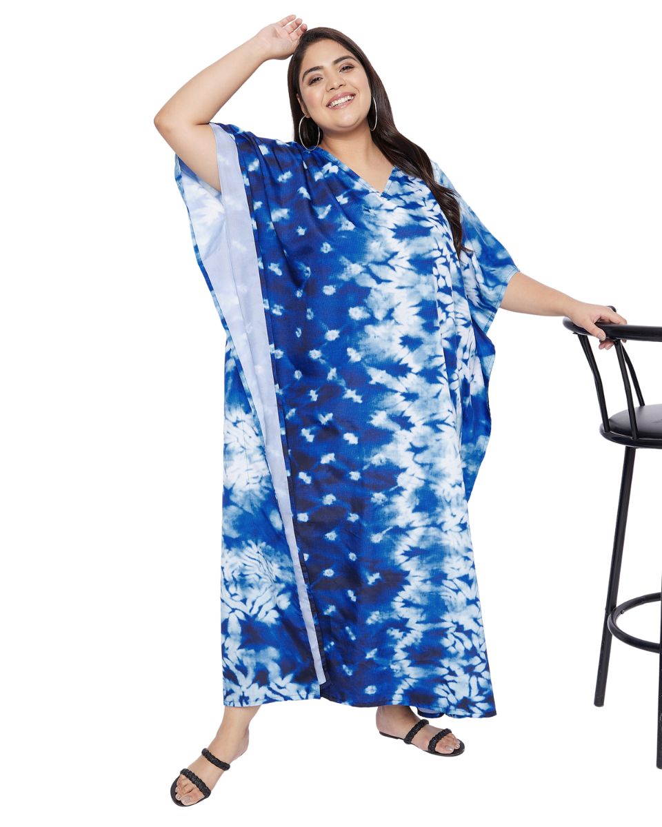 Blue Tie Dye Printed Polyester Plus Size Kaftan Dress For Women