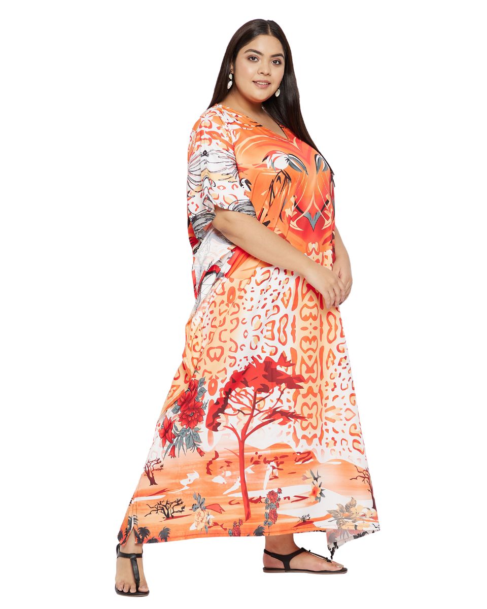 Kaftan For Plus Size Women Tribal Printed Orange Polyester