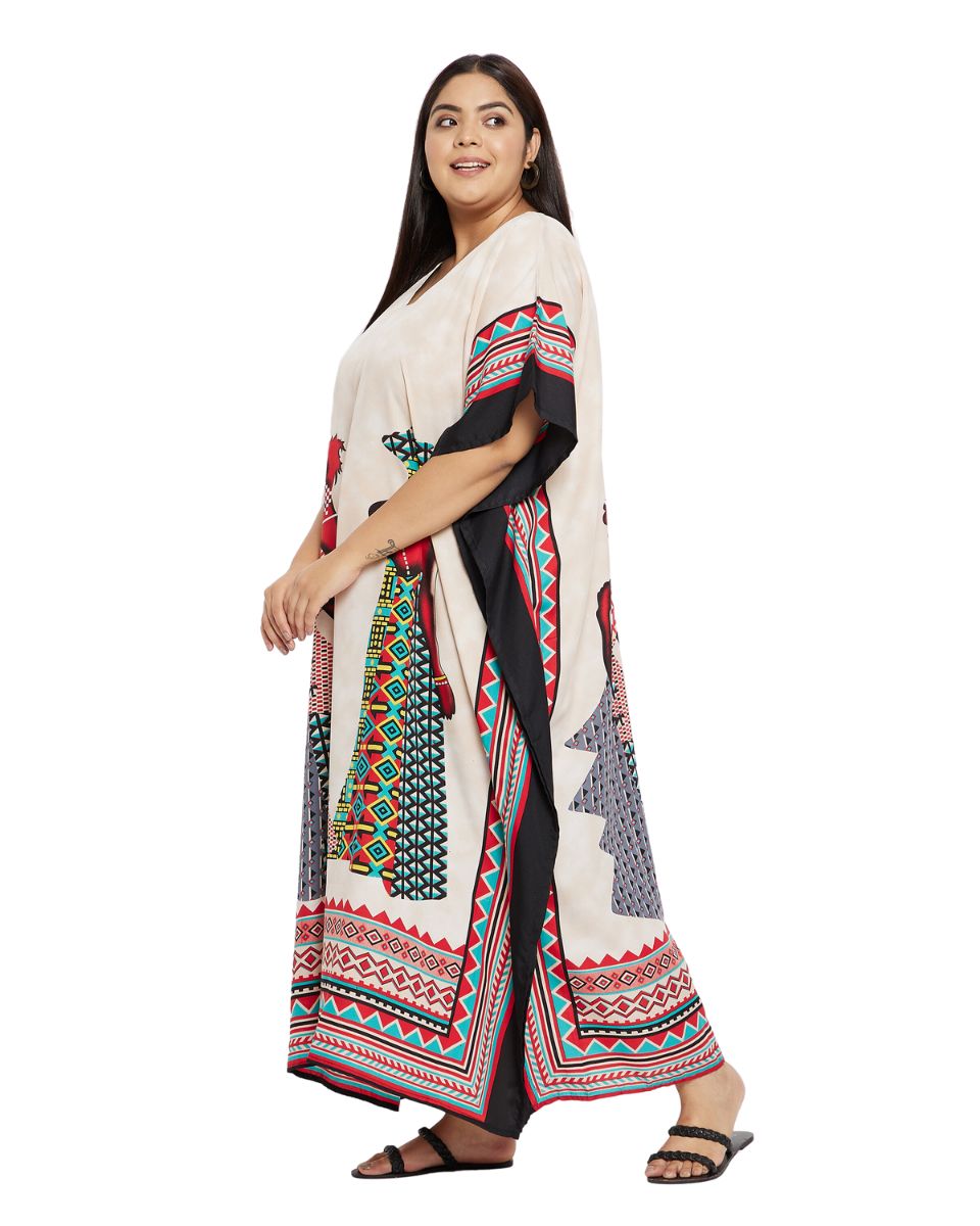 Kaftan Tribal Printed Beige Polyester Plus Size Dress For Women