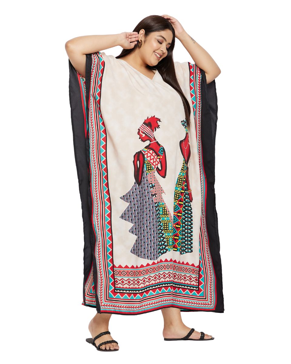 Kaftan Tribal Printed Beige Polyester Plus Size Dress For Women