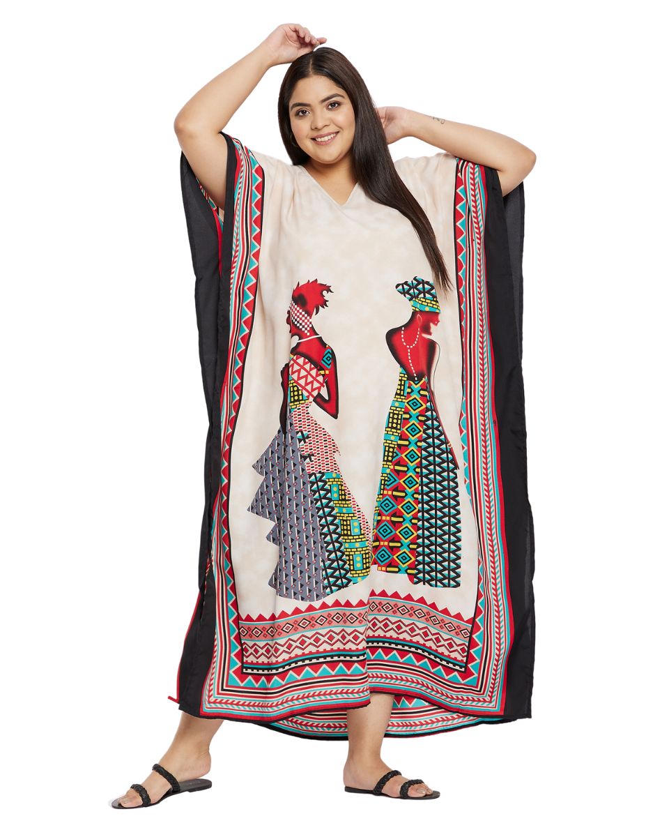 Kaftan Tribal Printed Beige Polyester Plus Size Dress For Women