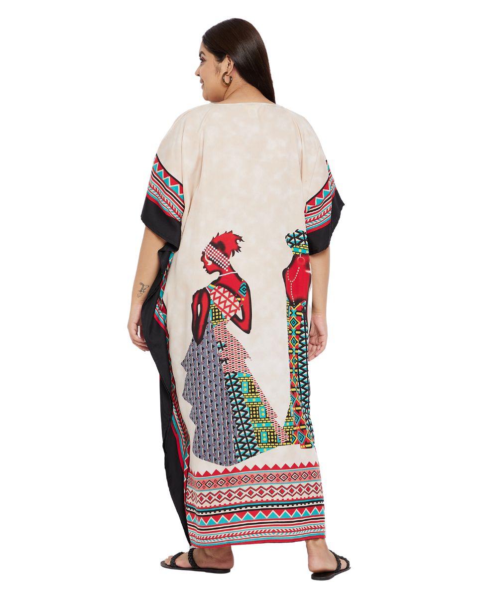 Kaftan Tribal Printed Beige Polyester Plus Size Dress For Women