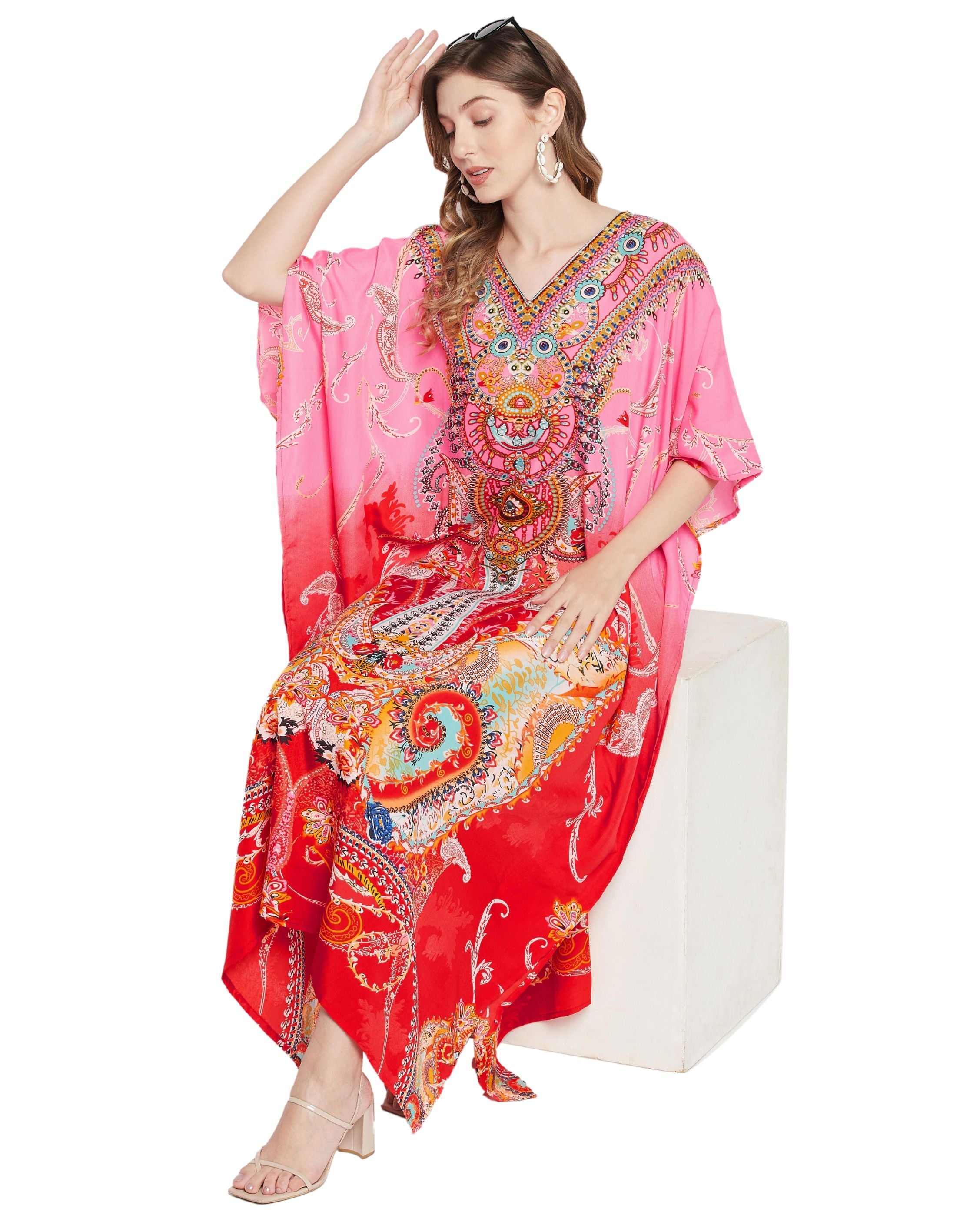 Floral Printed Multicolor Polyester Kaftan Plus Size Dress For Women