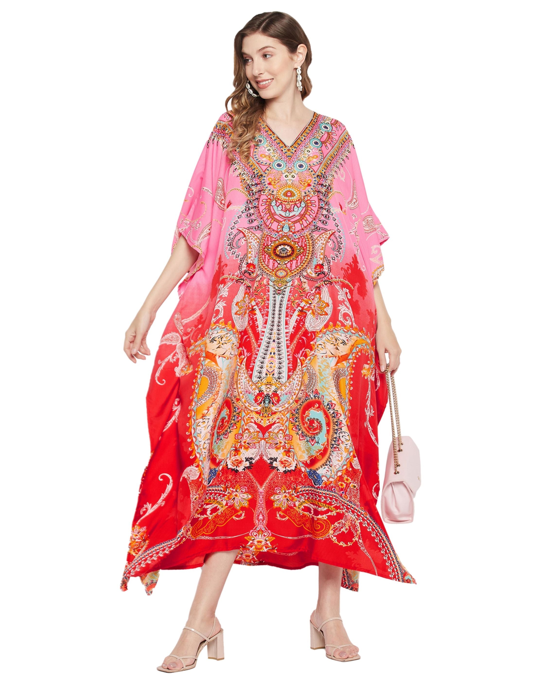 Floral Printed Multicolor Polyester Kaftan Plus Size Dress For Women