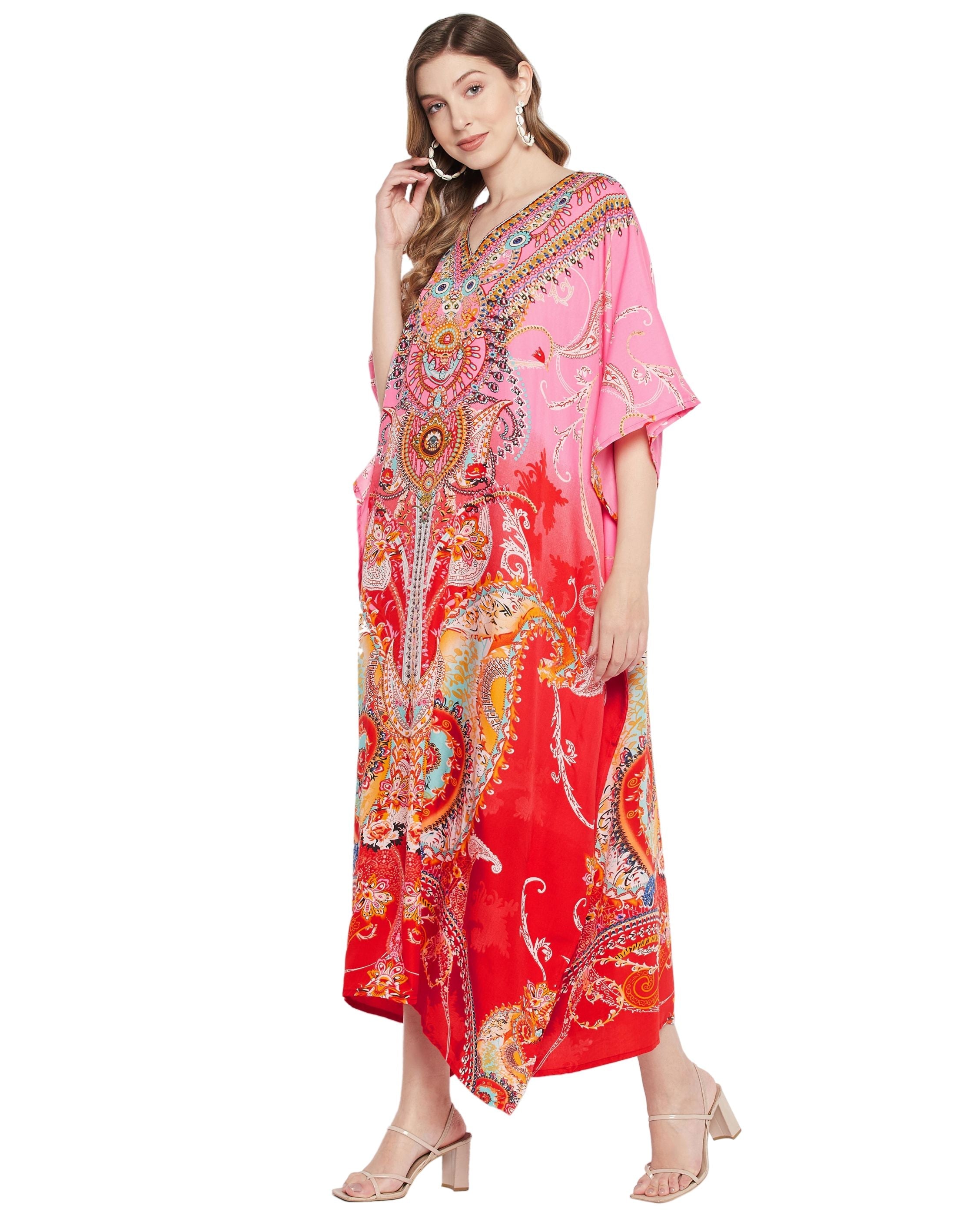 Floral Printed Multicolor Polyester Kaftan Plus Size Dress For Women