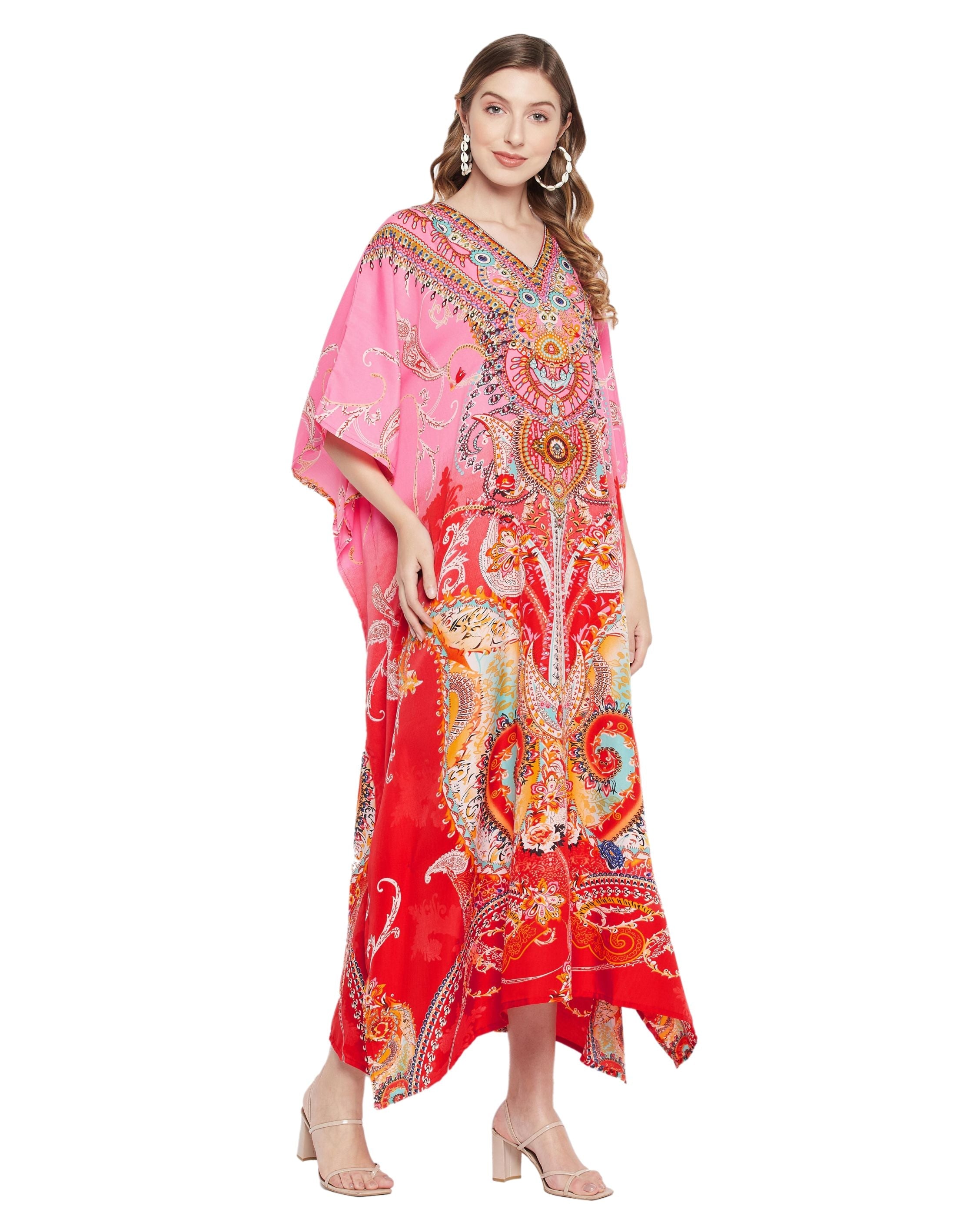 Floral Printed Multicolor Polyester Kaftan Plus Size Dress For Women