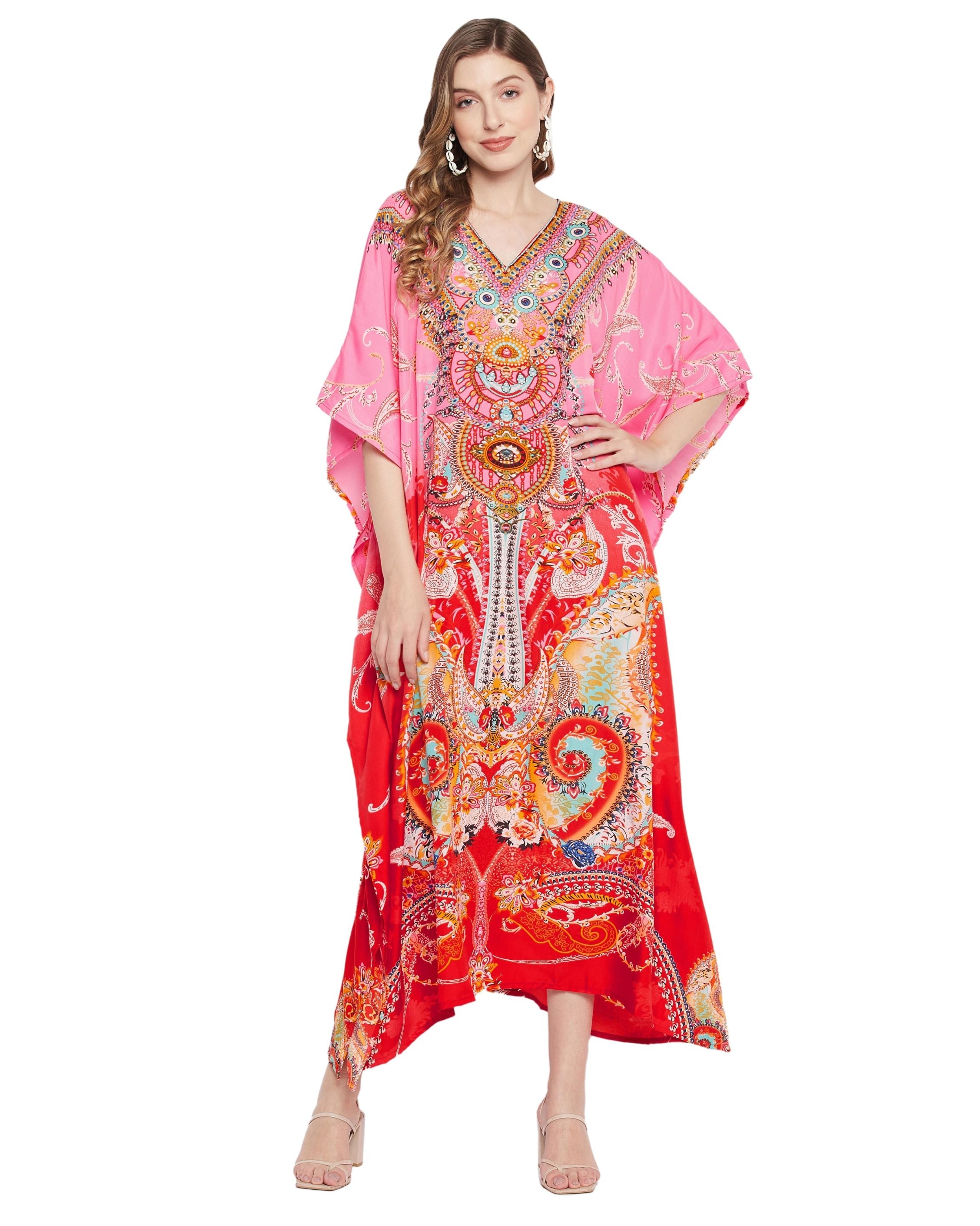 Floral Printed Multicolor Polyester Kaftan Dress for Women