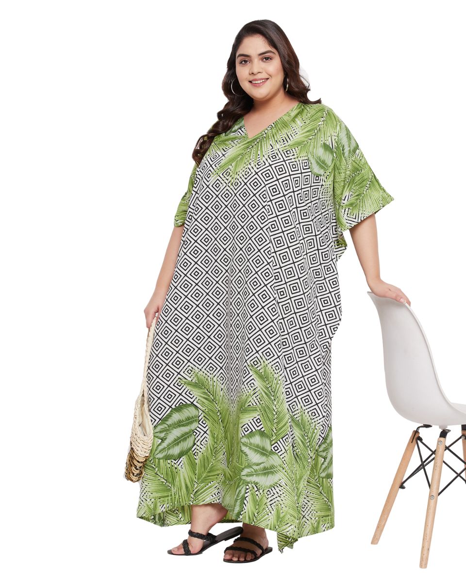 Leaf Printed  Plus Size Green Polyester Kaftan Dress For Women