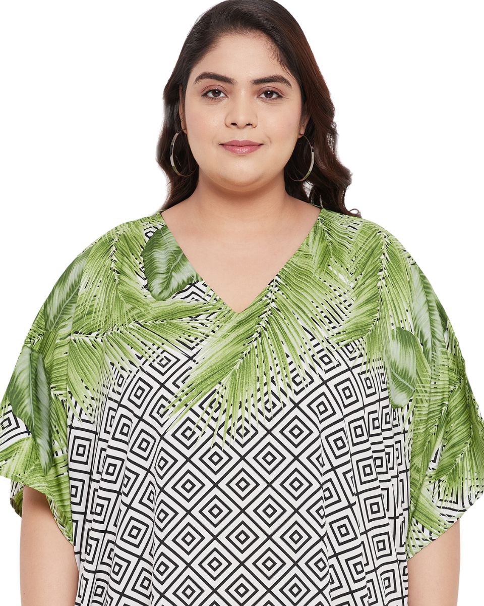 Leaf Printed Green Polyester Kaftan Dress for Women