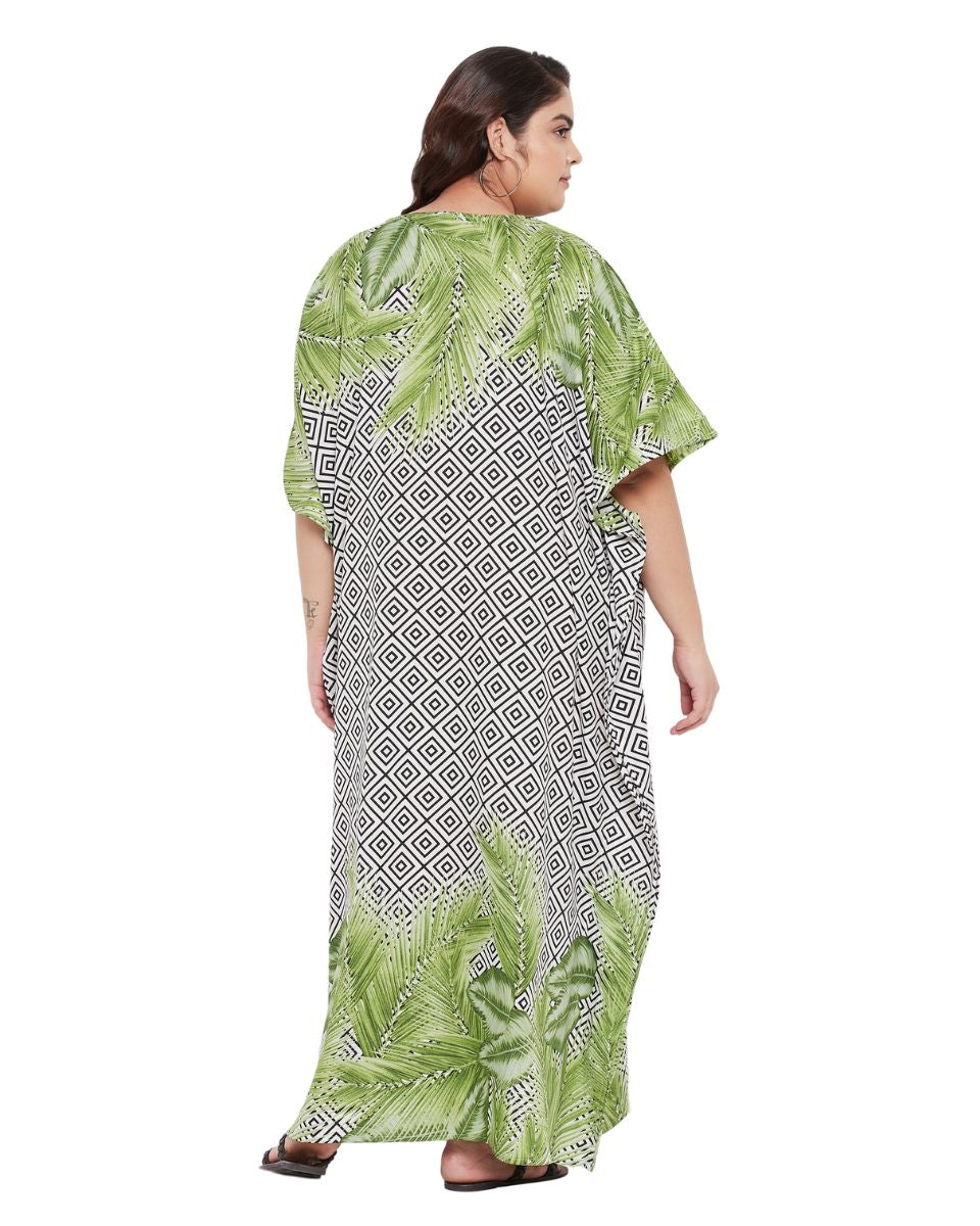 Leaf Printed  Plus Size Green Polyester Kaftan Dress For Women